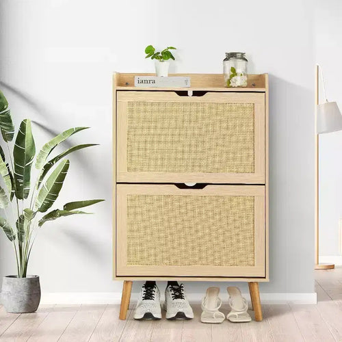 Woven Rattan 2-Tier Shoe Cabinet, Narrow 9.25-Inch Depth with Flip-Drawers & Anti-Tip Design, Holds 12-18 Pairs