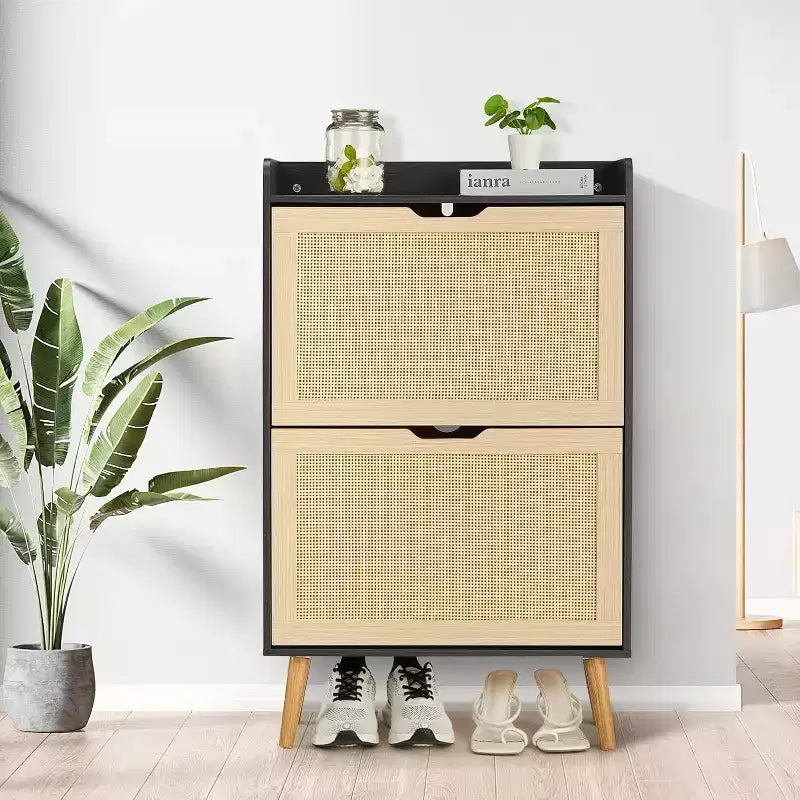 Scarpiera a 2 ripiani in rattan con ante a ribalta – Profondità ridotta 23,5 cm, contiene 12-18 paia