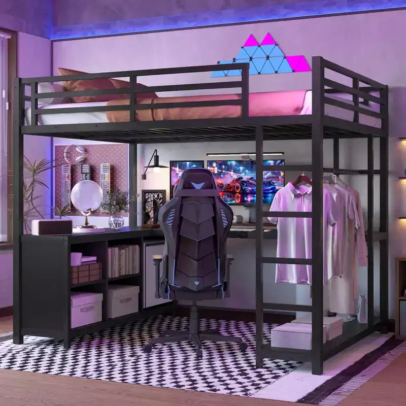 Bellemave Full Metal Loft Bed with Wardrobe, L-Shaped Desk, Storage Cubes & Shelves C Space-Saving Kids, Teens & Adults Bed, Black