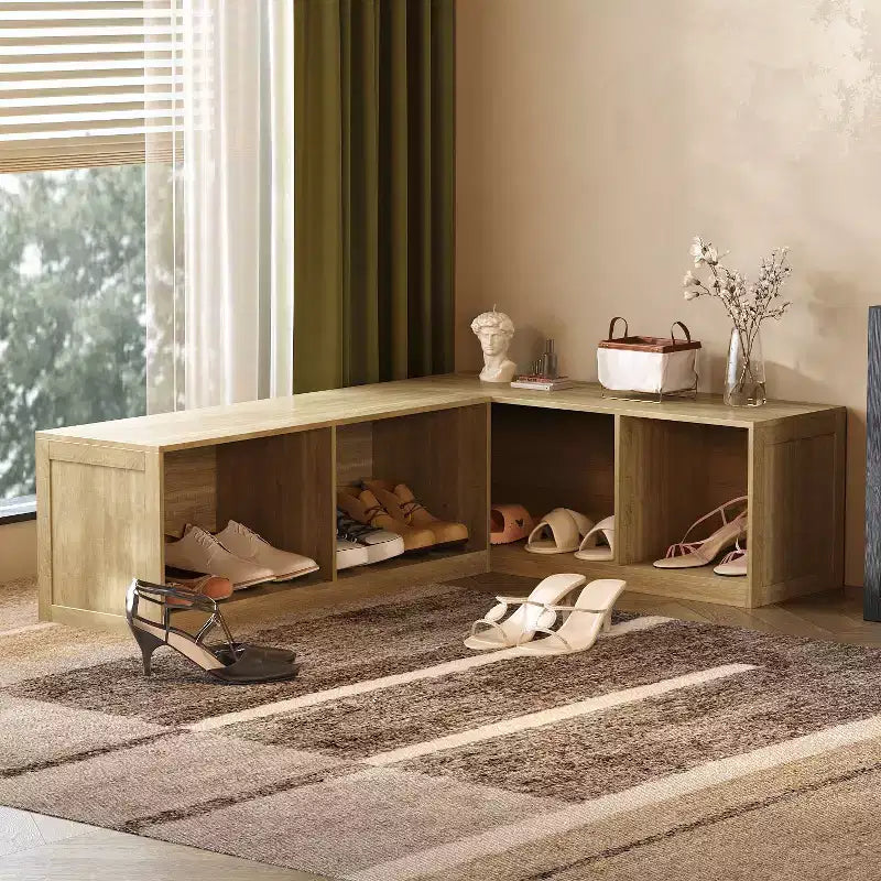 Hitow Light Wood L-Shaped Bench Shoe Rack: Multi-Compartment Storage + Versatile Surface  Space-Saving Organizer for Entryways & Living Rooms
