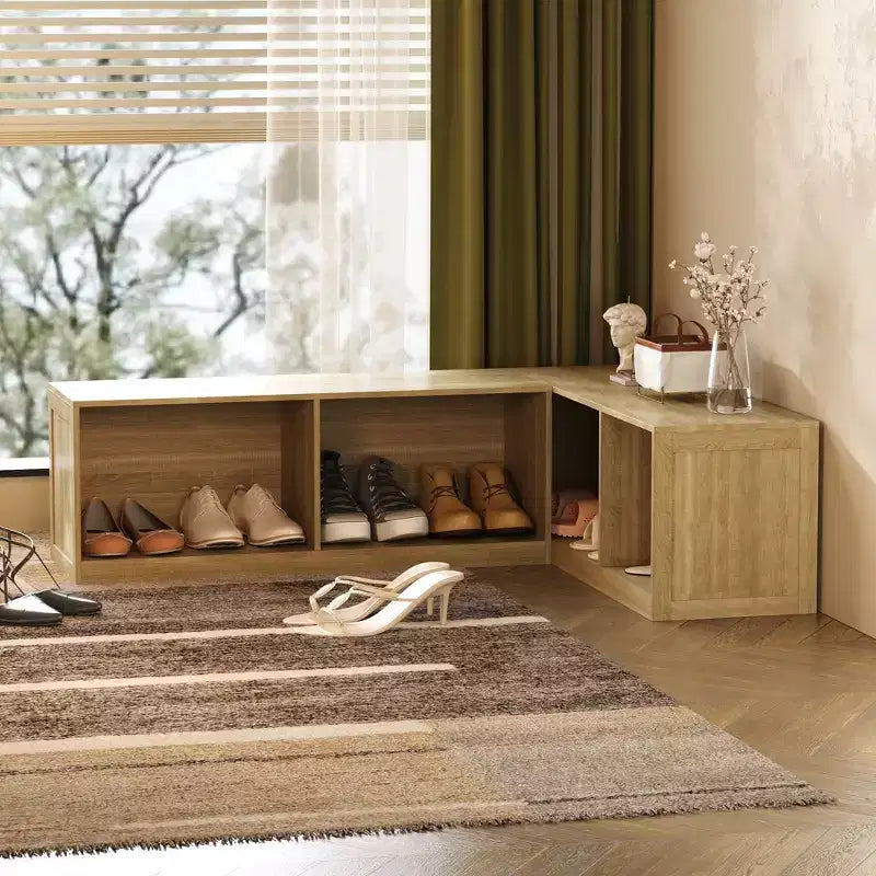 Panca Porta Scarpe ad Angolo a L con Scomparti Aperti – Finitura Quercia Chiaro