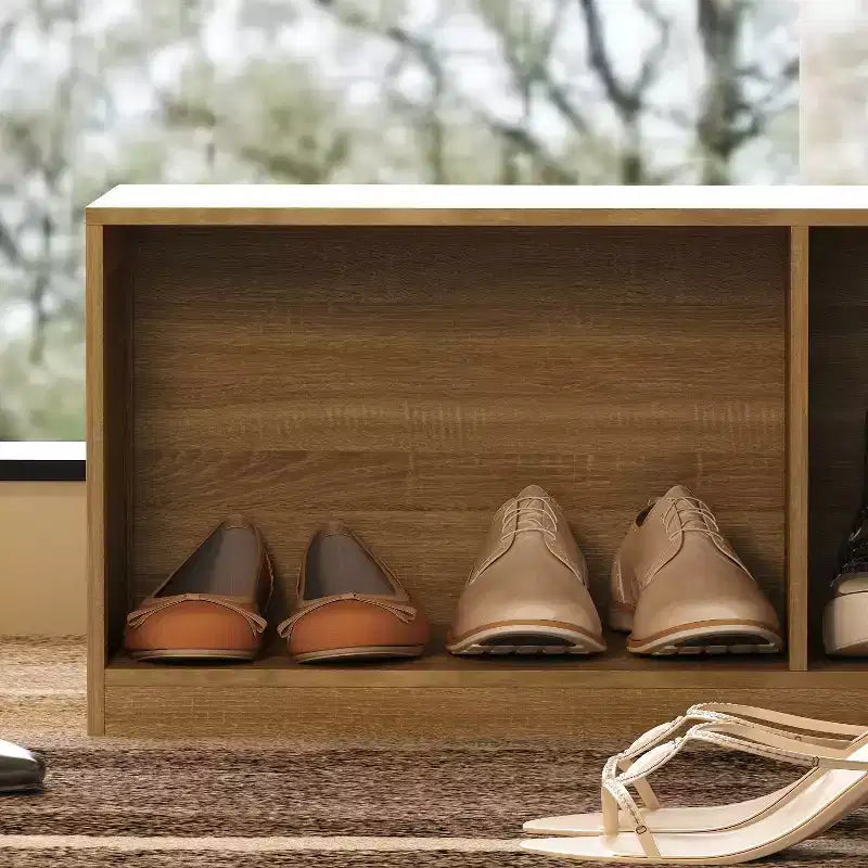 Panca Porta Scarpe ad Angolo a L con Scomparti Aperti – Finitura Quercia Chiaro