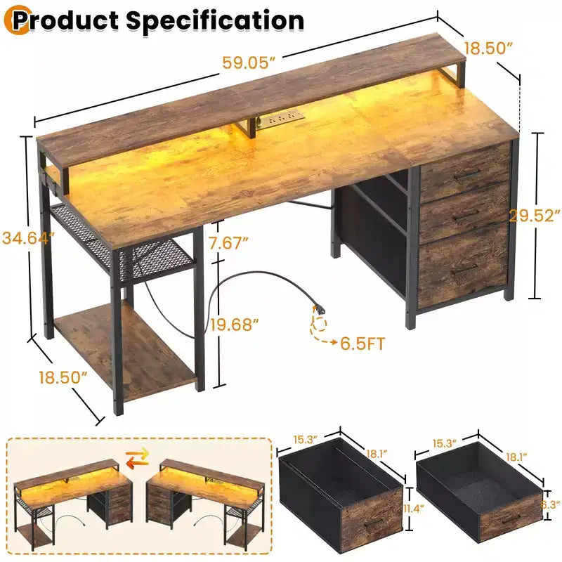 Scrivania per computer con cassetti classificatori, mensole portaoggetti e supporto per monitor