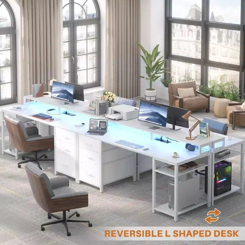 Scrivania per computer con cassetti classificatori, mensole portaoggetti e supporto per monitor
