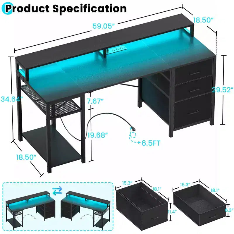 Scrivania per computer con cassetti classificatori, mensole portaoggetti e supporto per monitor