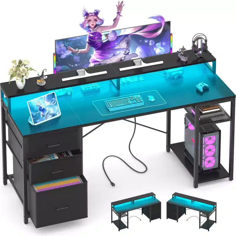 Besiost Computer Desk with File Drawers, Home Office Desk with Storage Shelves, Monitor Stand