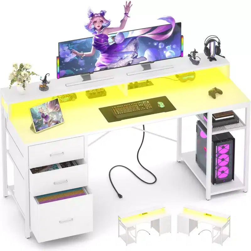 Scrivania per computer con cassetti classificatori, mensole portaoggetti e supporto per monitor