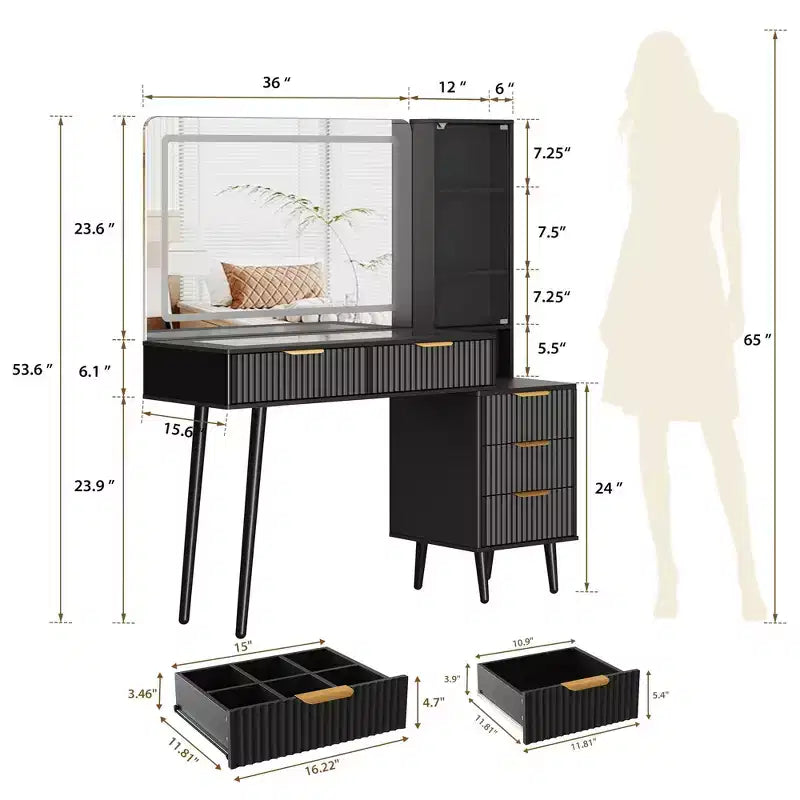Scrivania da trucco da 122 cm con specchio LED, piano in vetro temperato e 5 cassetti