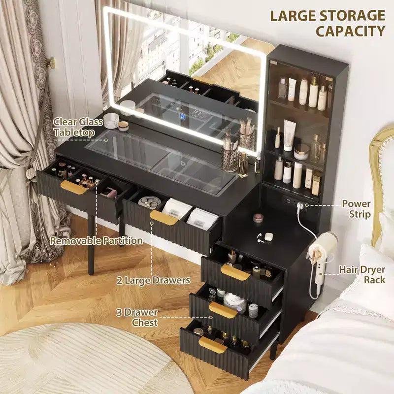 Scrivania da trucco da 122 cm con specchio LED, piano in vetro temperato e 5 cassetti