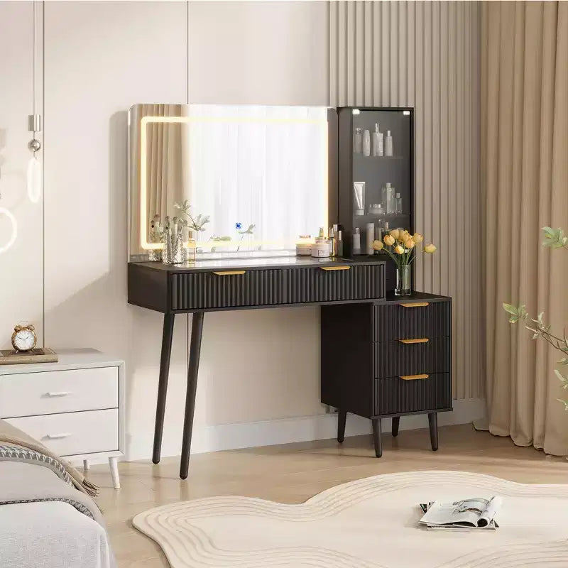 Scrivania da trucco da 122 cm con specchio LED, piano in vetro temperato e 5 cassetti