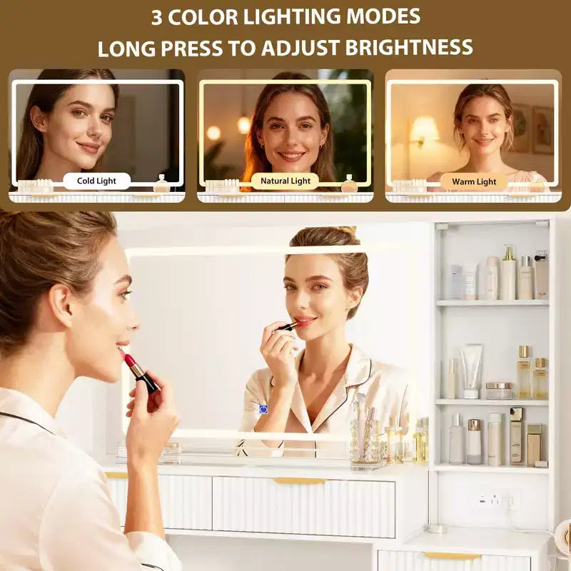 Scrivania da trucco da 122 cm con specchio LED, piano in vetro temperato e 5 cassetti