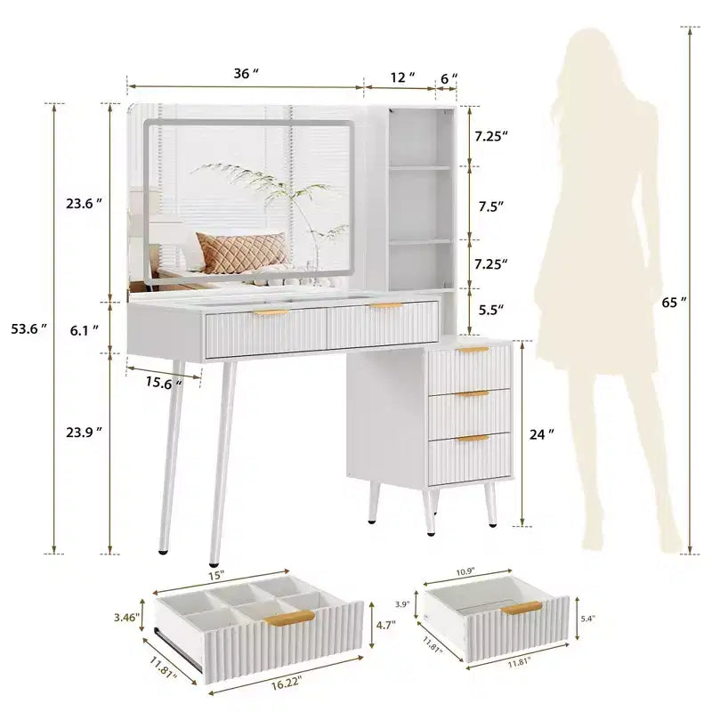 Scrivania da trucco da 122 cm con specchio LED, piano in vetro temperato e 5 cassetti