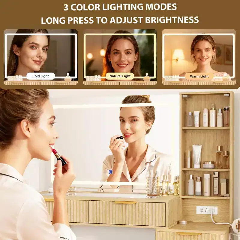 Scrivania da trucco da 122 cm con specchio LED, piano in vetro temperato e 5 cassetti