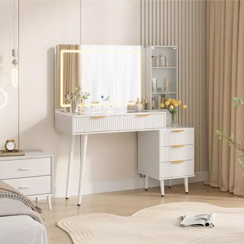 Scrivania da trucco da 122 cm con specchio LED, piano in vetro temperato e 5 cassetti