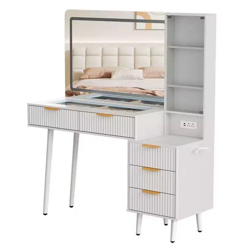 Scrivania da trucco da 122 cm con specchio LED, piano in vetro temperato e 5 cassetti