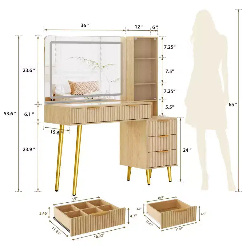 Scrivania da trucco da 122 cm con specchio LED, piano in vetro temperato e 5 cassetti