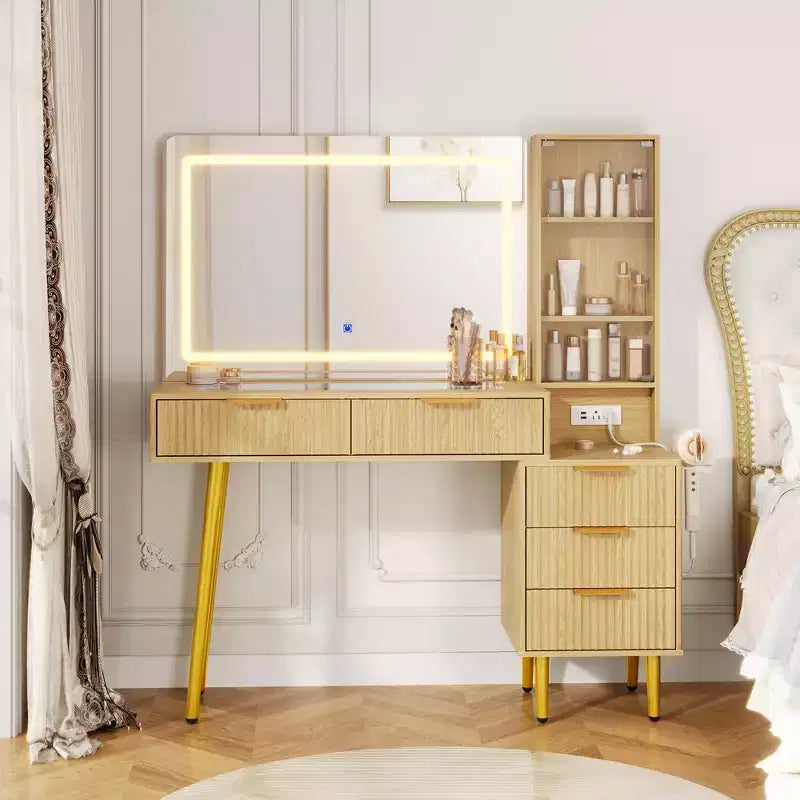 Scrivania da trucco da 122 cm con specchio LED, piano in vetro temperato e 5 cassetti