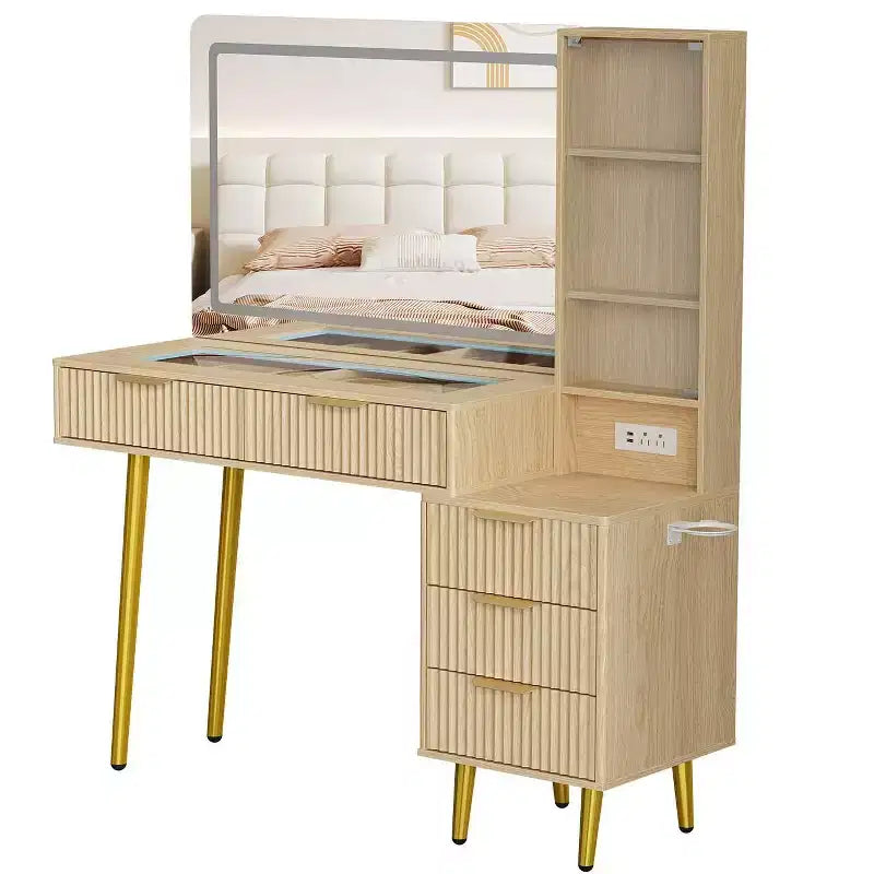 Scrivania da trucco da 122 cm con specchio LED, piano in vetro temperato e 5 cassetti