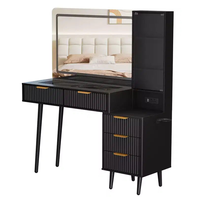 Scrivania da trucco da 122 cm con specchio LED, piano in vetro temperato e 5 cassetti