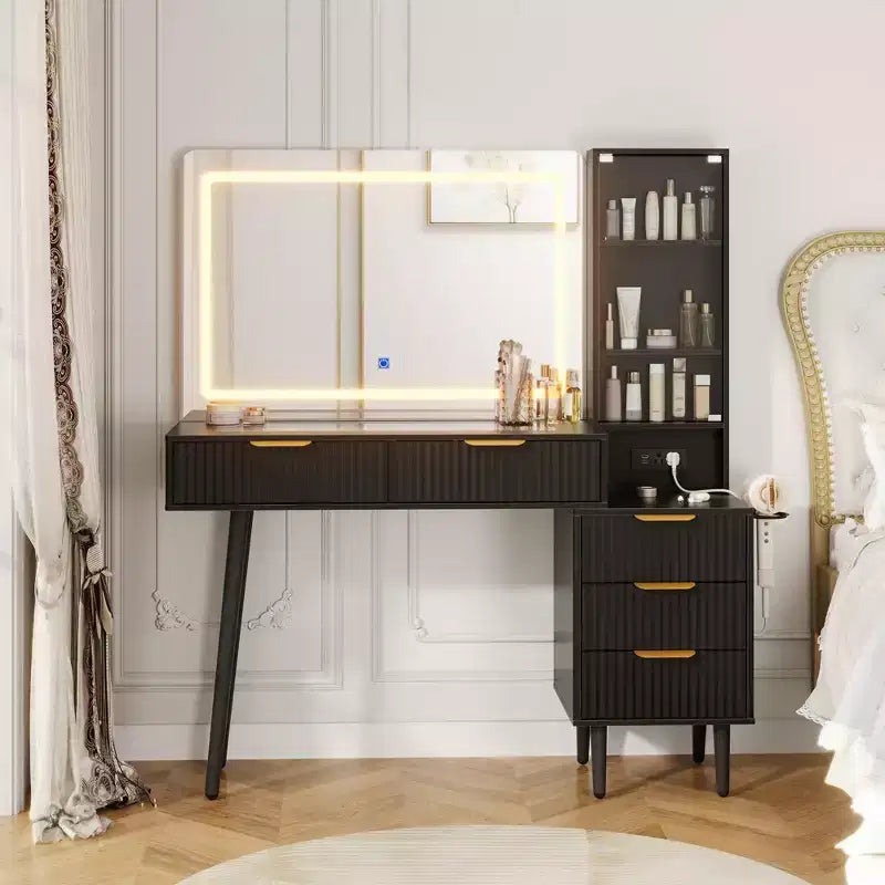 Scrivania da trucco da 122 cm con specchio LED, piano in vetro temperato e 5 cassetti