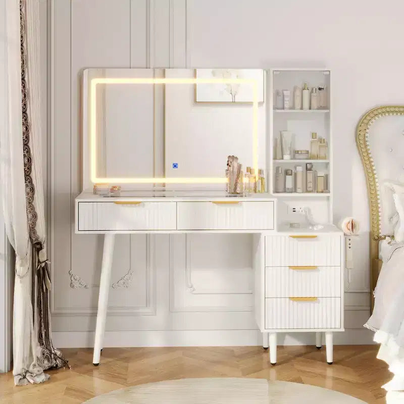 Scrivania da trucco da 122 cm con specchio LED, piano in vetro temperato e 5 cassetti