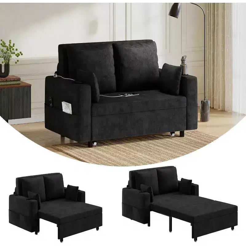 3-in-1 Pull-Out Sleeper Loveseat, 56 Sofa Bed with Cup Holders and USB Ports, Full-Size Sleeper Sofa for Small Spaces, Supports 1000lb, Black Fabric