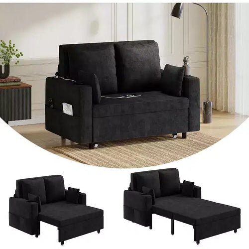 3-in-1 Pull-Out Sleeper Loveseat, 56 Sofa Bed with Cup Holders and USB Ports, Full-Size Sleeper Sofa for Small Spaces, Supports 1000lb, Black Fabric