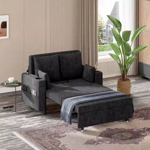 Divano letto convertibile 3-in-1 con portabicchieri e porte USB, 142 cm, tessuto nero