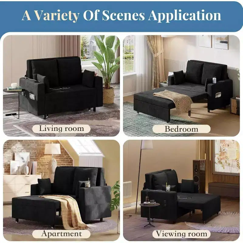 Divano letto convertibile 3-in-1 con portabicchieri e porte USB, 142 cm, tessuto nero