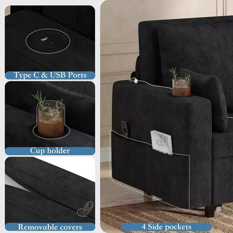 Divano letto convertibile 3-in-1 con portabicchieri e porte USB, 142 cm, tessuto nero