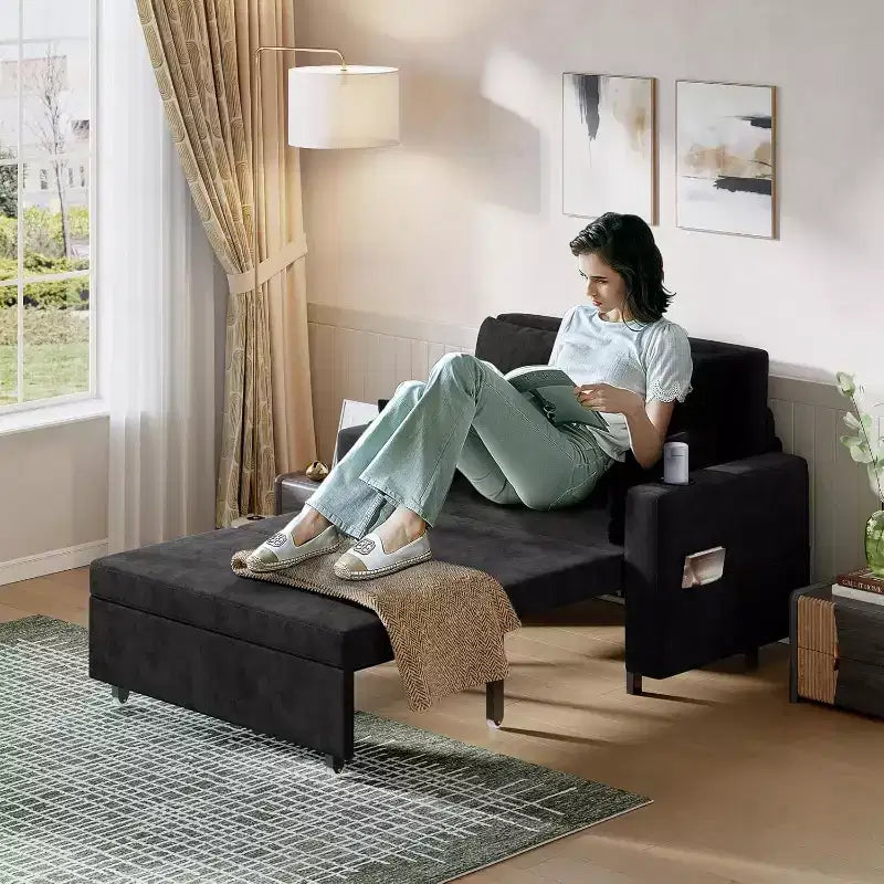 Divano letto convertibile 3-in-1 con portabicchieri e porte USB, 142 cm, tessuto nero