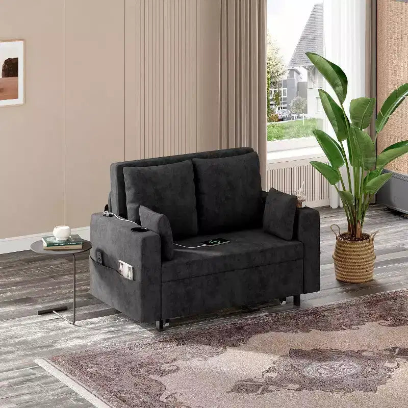 Divano letto convertibile 3-in-1 con portabicchieri e porte USB, 142 cm, tessuto nero