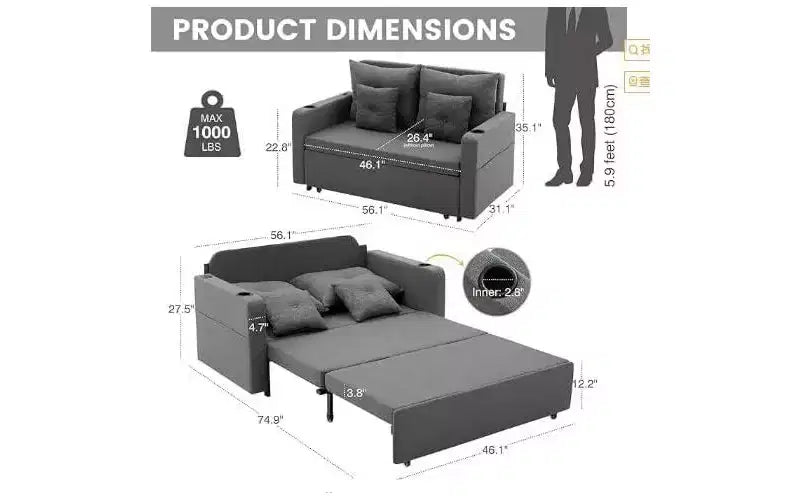 Divano letto convertibile 3-in-1 con portabicchieri e porte USB, 142 cm, tessuto nero
