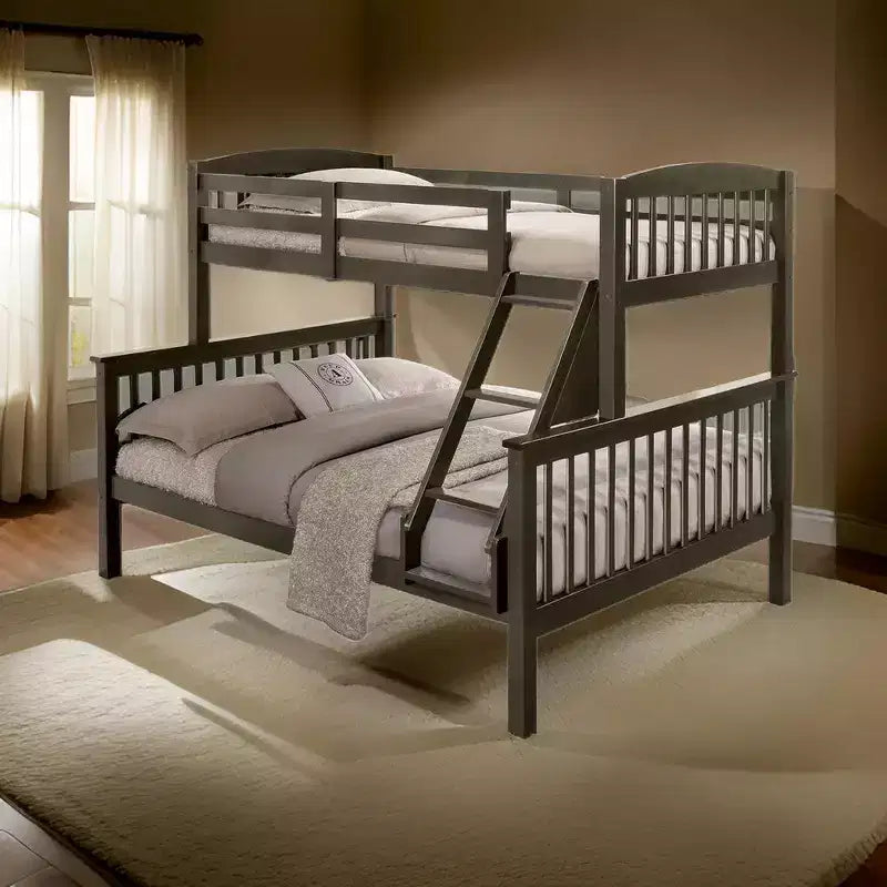 Royal Hamton Twin/Full Size Bunk Bed with Ladder, Slatted Gray Solid Hardwood
