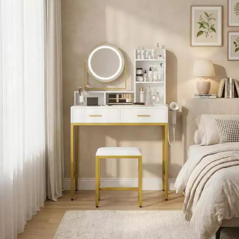COZONY Vanity Desk with Rotating Mirror & LED Lights, Makeup Vanity Desk with 2 Drawers & 5 Storage Shelves, Dressing Table with Built-in Outlets