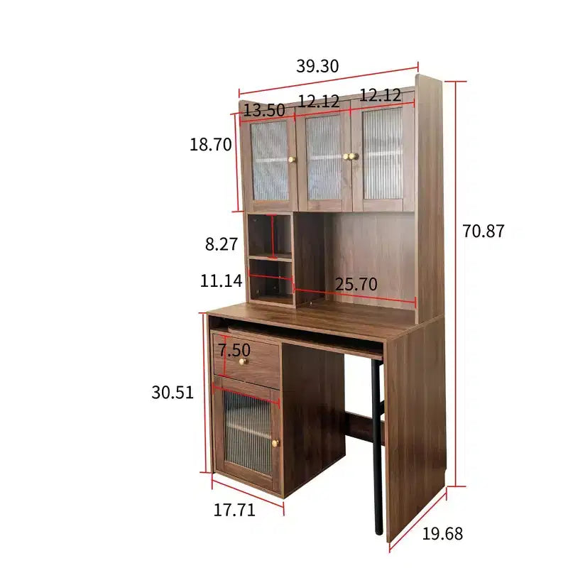 Scrivania per computer con piano girevole a 90°, armadietti con anta in vetro, credenza e libreria