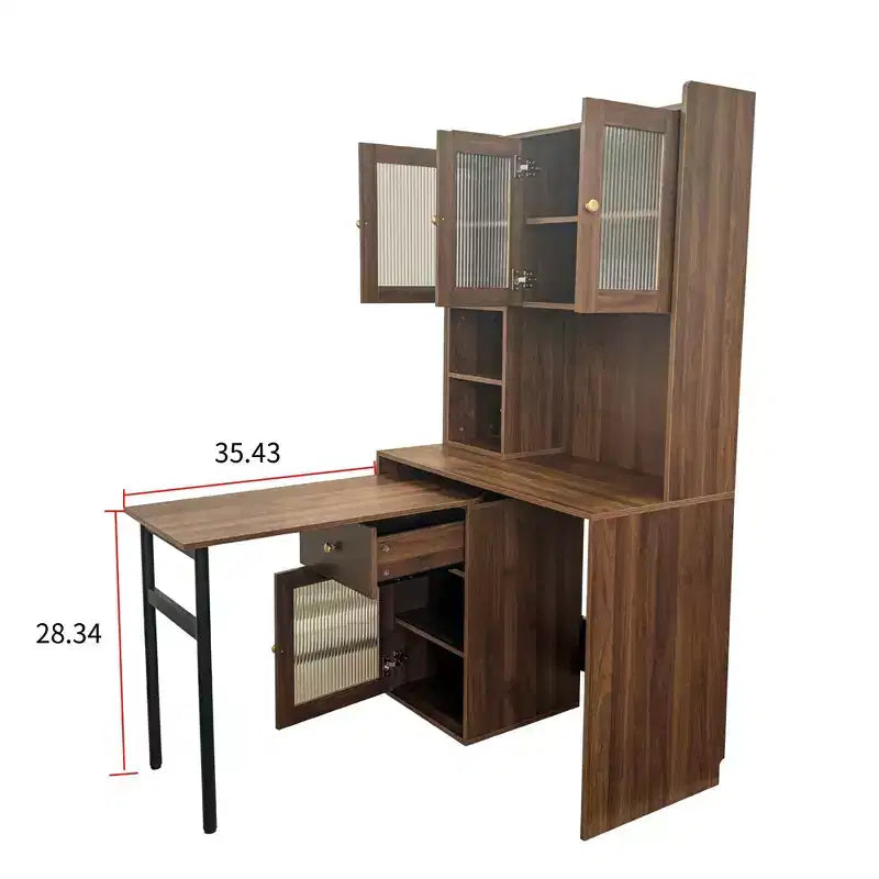 Scrivania per computer con piano girevole a 90°, armadietti con anta in vetro, credenza e libreria