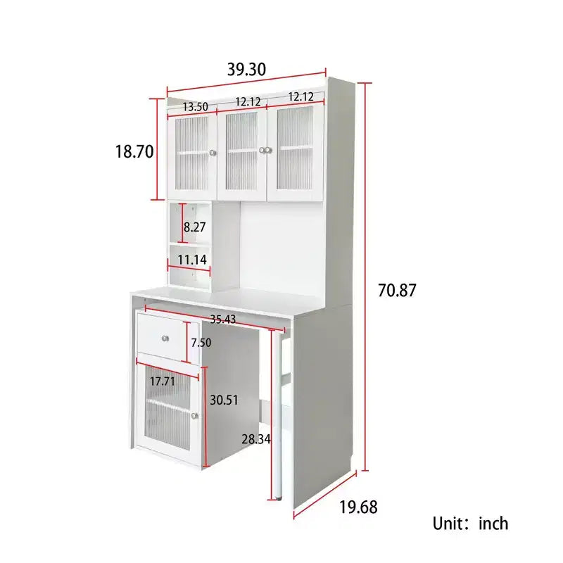 Scrivania per computer con piano girevole a 90°, armadietti con anta in vetro, credenza e libreria