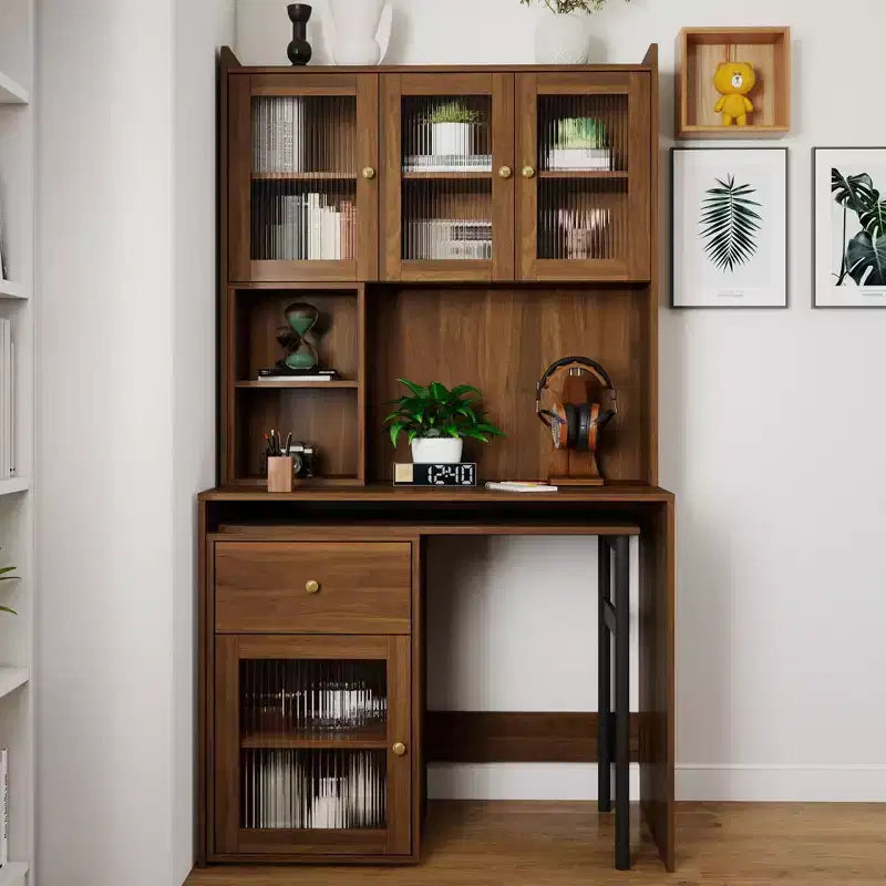 Scrivania per computer con piano girevole a 90°, armadietti con anta in vetro, credenza e libreria