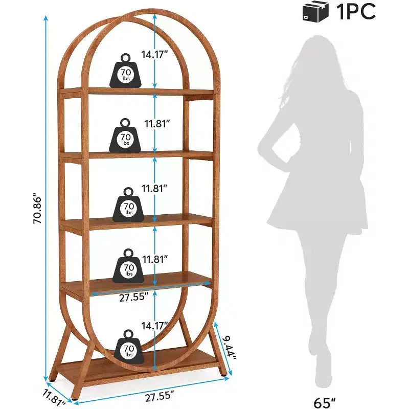 Libreria ad arco a 5 ripiani da 180 cm con struttura in metallo, marrone moderno