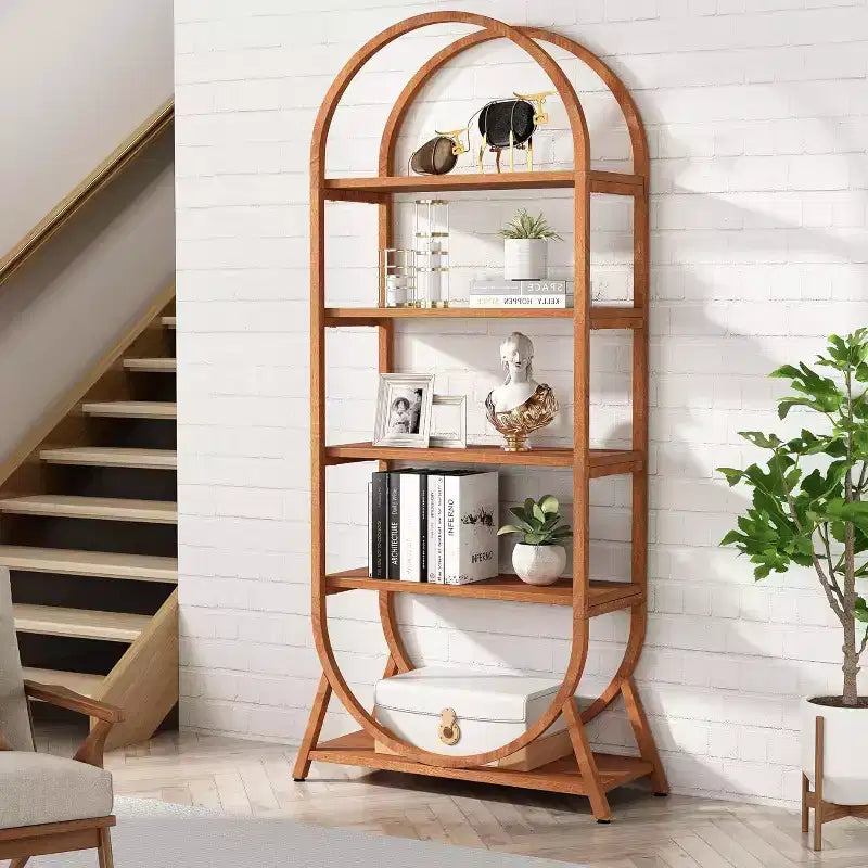 Libreria ad arco a 5 ripiani da 180 cm con struttura in metallo, marrone moderno