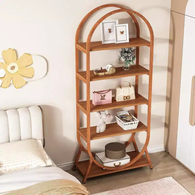 Libreria ad arco a 5 ripiani da 180 cm con struttura in metallo, marrone moderno