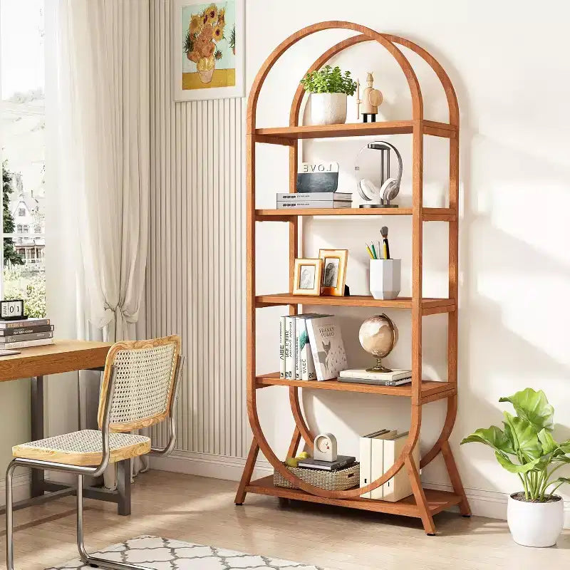 Libreria ad arco a 5 ripiani da 180 cm con struttura in metallo, marrone moderno