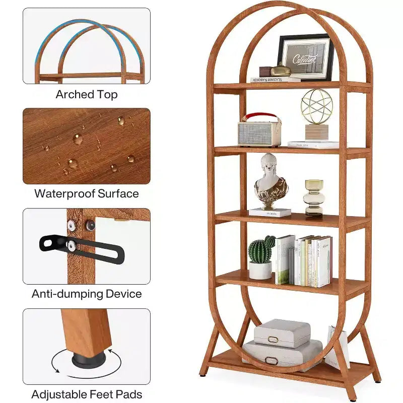 Libreria ad arco a 5 ripiani da 180 cm con struttura in metallo, marrone moderno