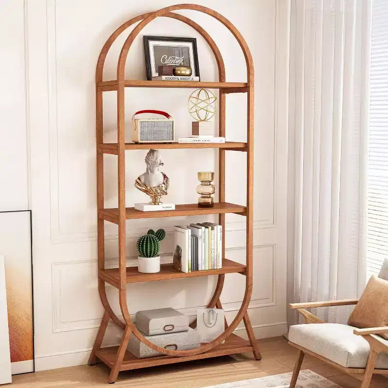 Libreria ad arco a 5 ripiani da 180 cm con struttura in metallo, marrone moderno