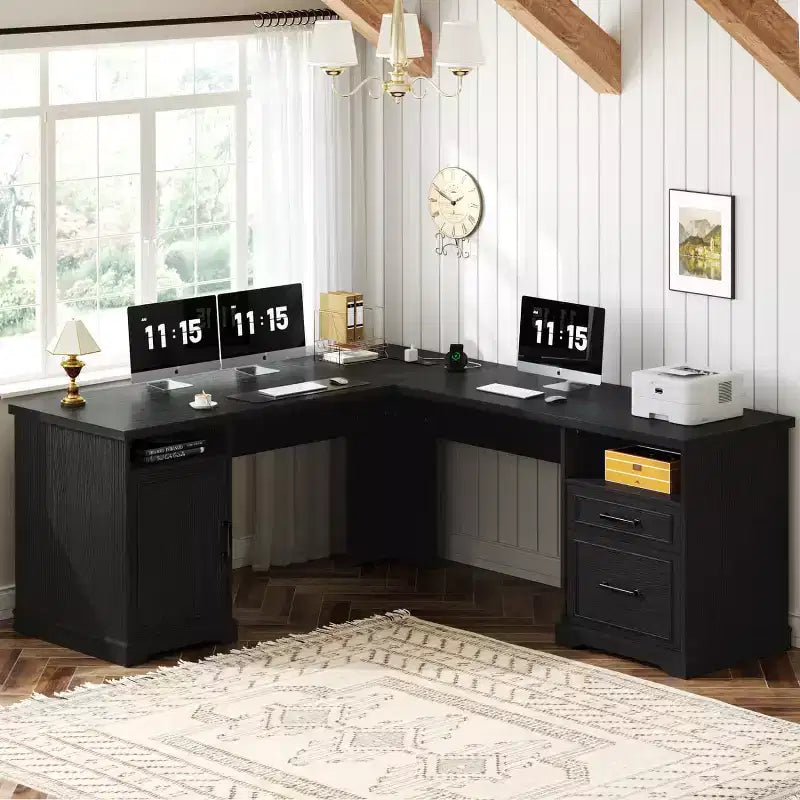 Besiost Farmhouse L Shape Desk with Charging Station, Corner Desk with File Cabinet