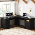 Besiost Farmhouse L Shape Desk with Charging Station, Corner Desk with File Cabinet