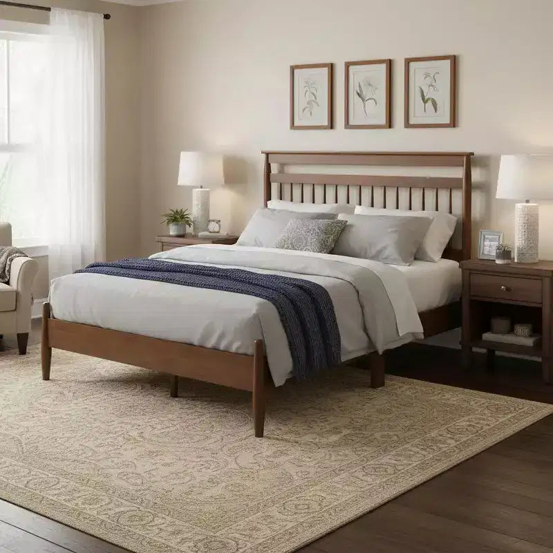 Piattaforma Letto Transizionale in Legno con Testiera, Matrimoniale/Queen, Finitura Castagno