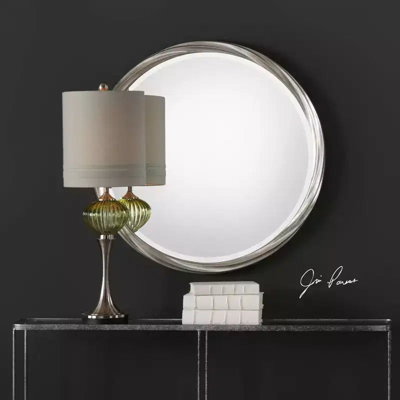 Specchio da Parete Rotondo con Vetro Smussato e Cornice in Foglia Argento Metallizzato, 91 cm