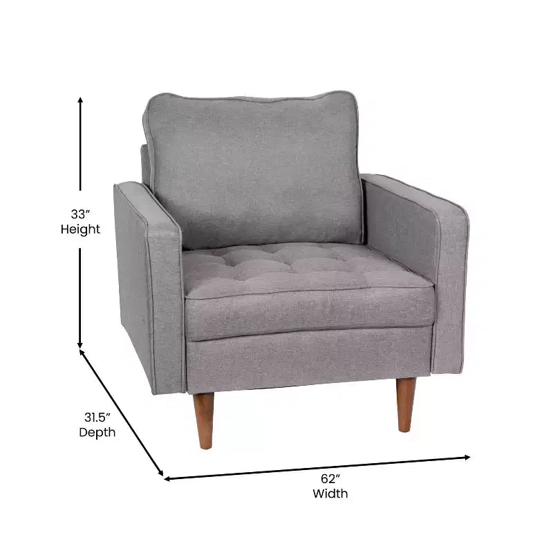 Poltrona d'accento imbottita Mid-Century Modern con molle insacchettate, gambe in legno e cuscini dello schienale rimovibili